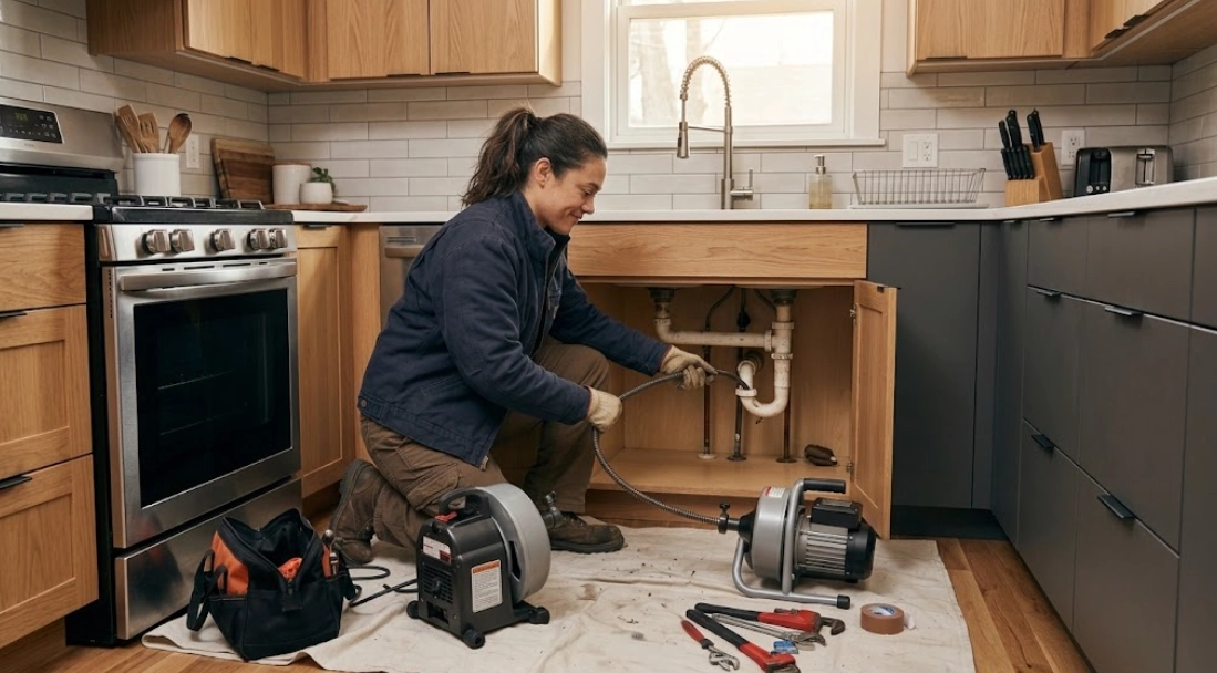 Plumbing technician performing kitchen sink drain cleaning in a South Jamaica Queens home