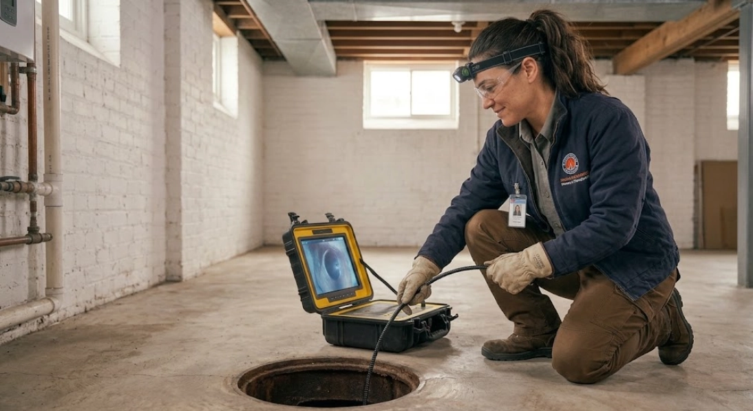 Technician conducting a sewer camera inspection in a South Jamaica Queens home for sewer line repair