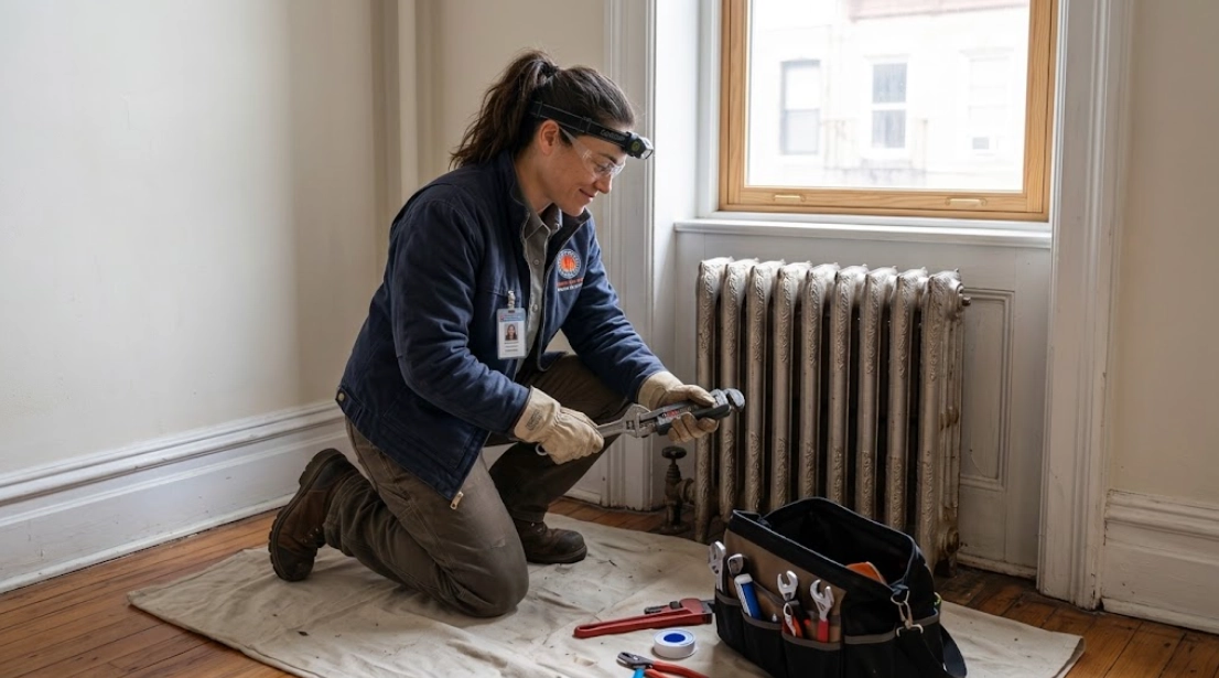 Plumber replacing steam radiator valve and air vent in South Jamaica Queens