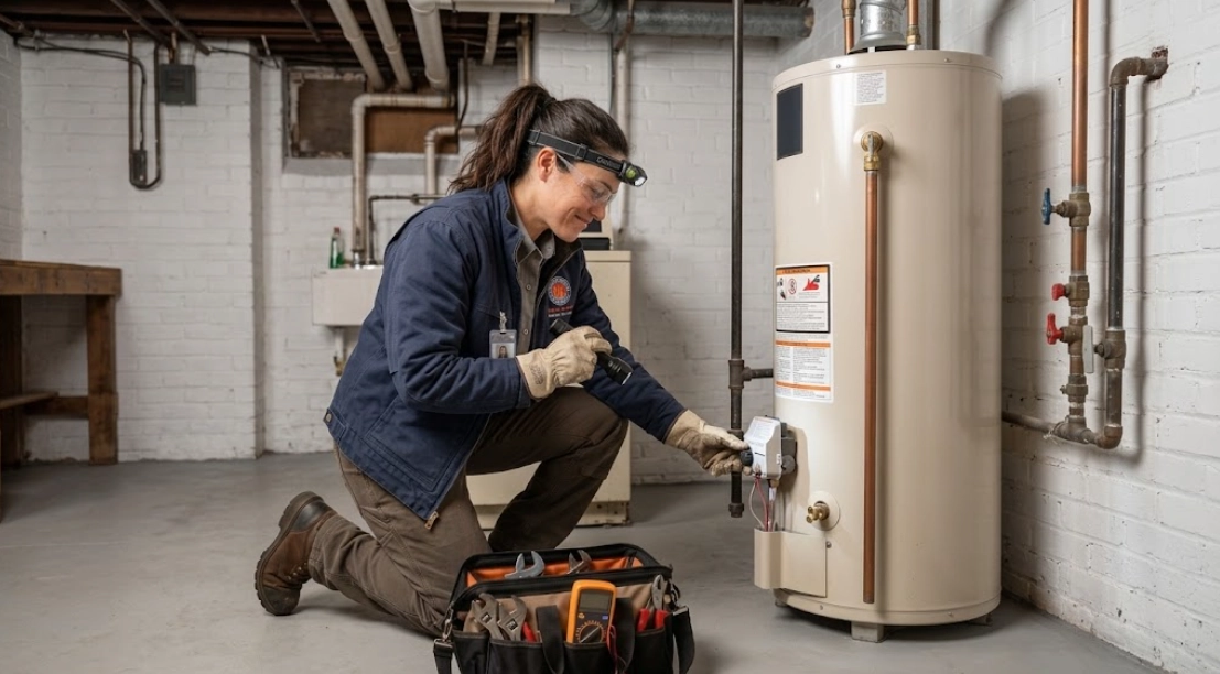 Professional technician performing residential water heater repair and tank maintenance in South Jamaica, Queens